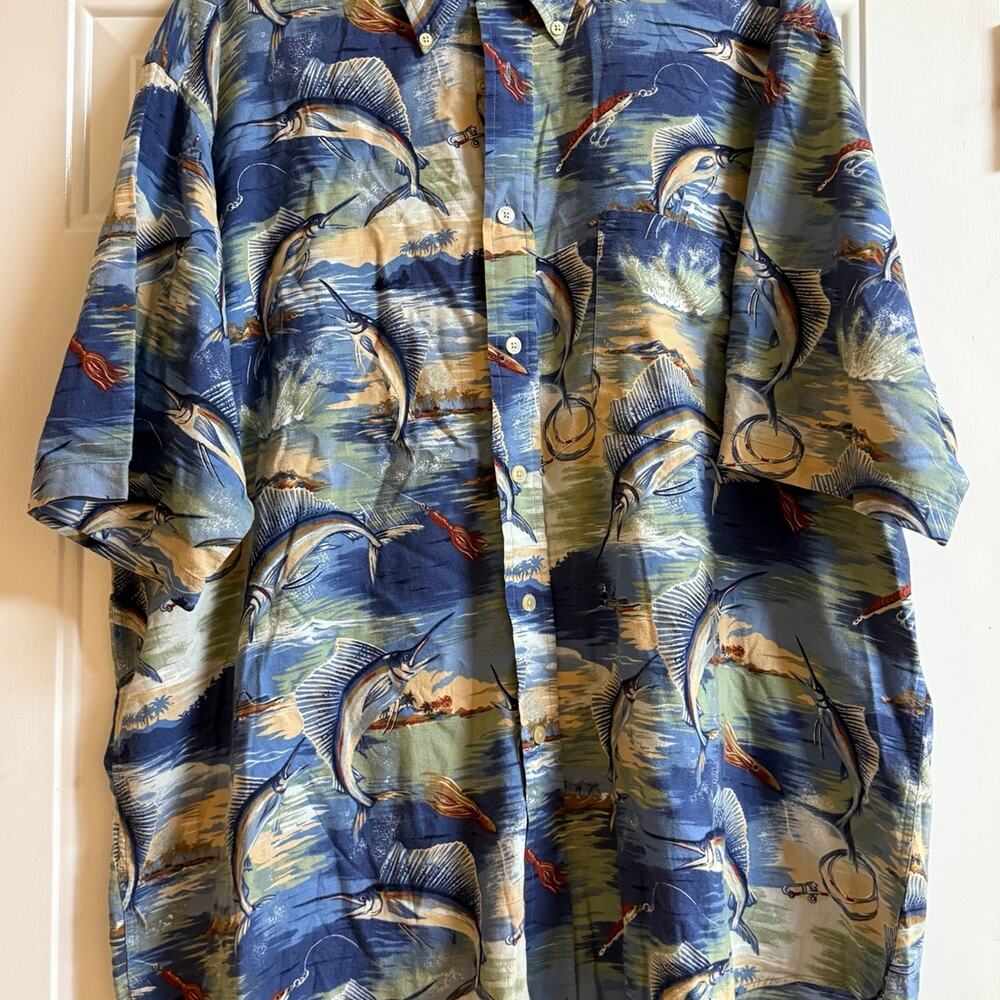 Nautica Button-Up Short Sleeve Casual Shirt, Sailfish & Hooks, Size XXL